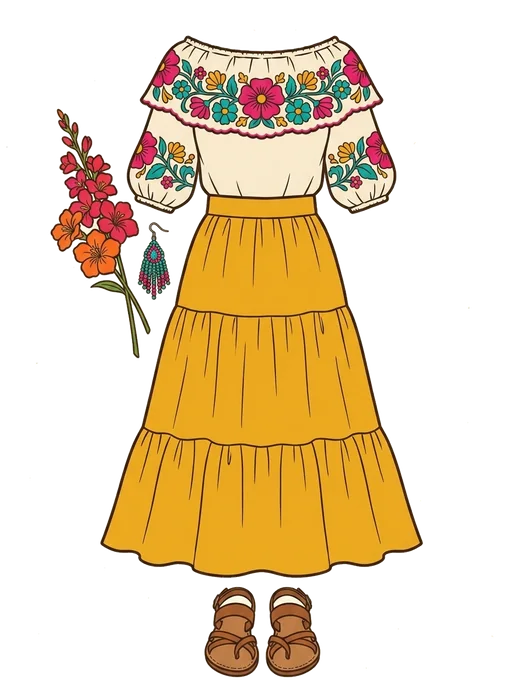 A colourful Mexican-inspired fiesta outfit laid out
